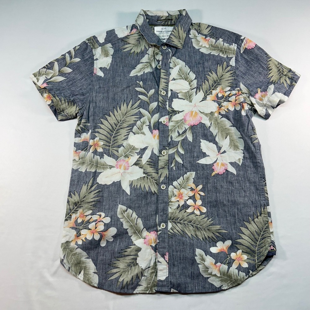 Denim & Flower Mens Slim Fit Tropical Floral Short Sleeve Button Down Shirt S